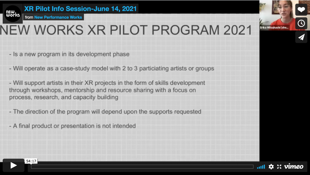A screenshot of the Zoom XR Info session showing a grey slide that reads "New Works XR Pilot Program 2021" 